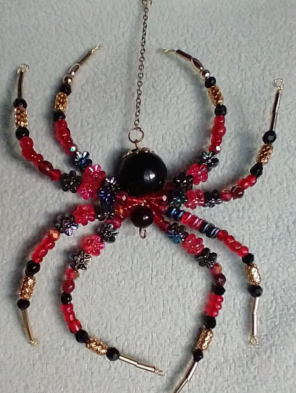 Hand Crafted • Red & Black Floral Beaded Spider Pendant - Picture 10 of 16